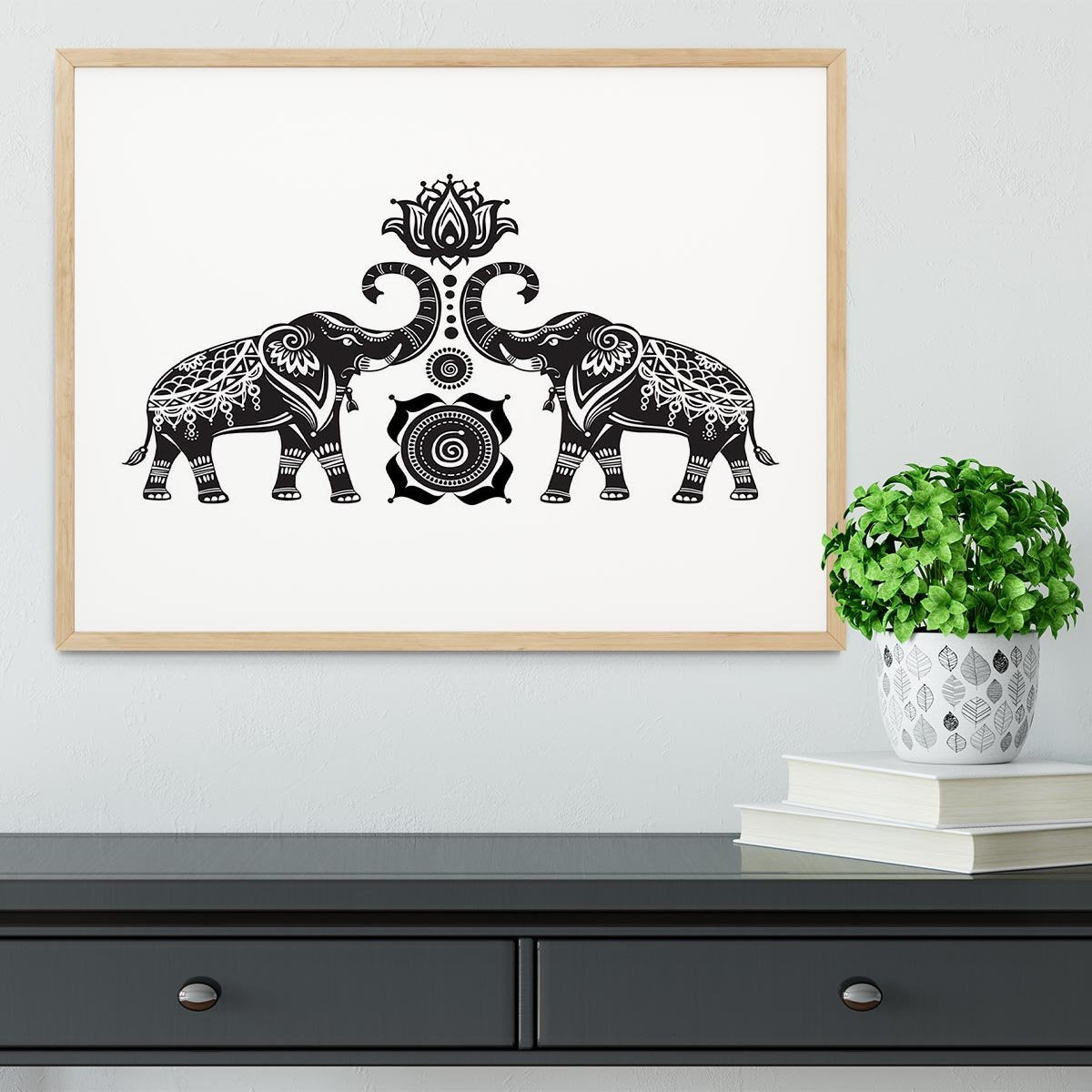 Stylized decorated elephants and lotus flower Framed Print - Canvas Art Rocks - 3