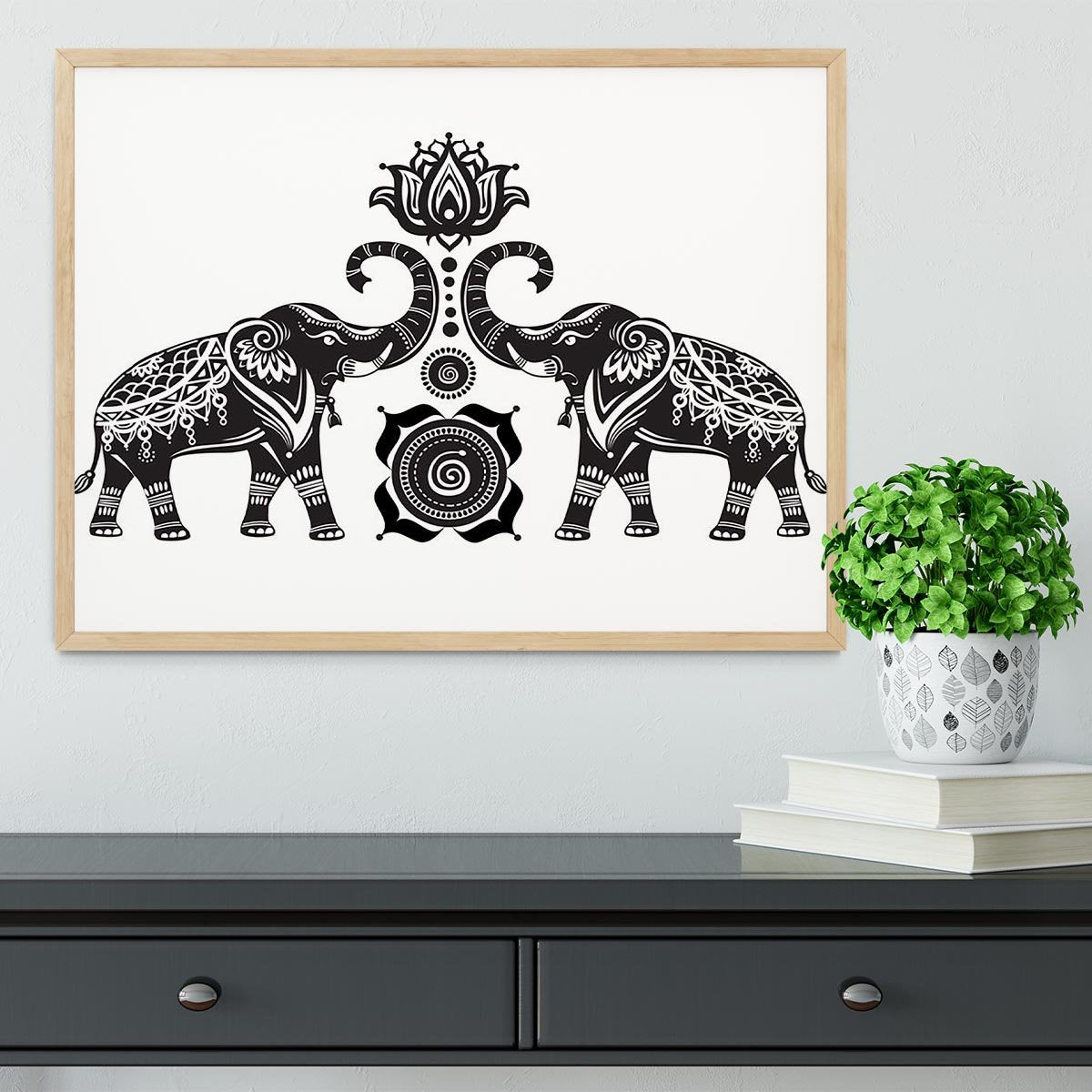 Stylized decorated elephants and lotus flower Framed Print - Canvas Art Rocks - 4