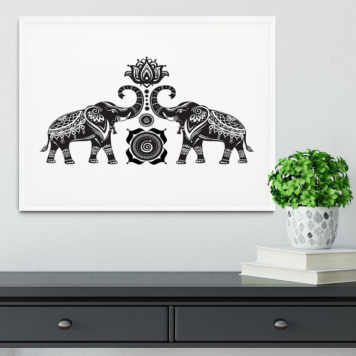 Stylized decorated elephants and lotus flower Framed Print - Canvas Art Rocks - 5