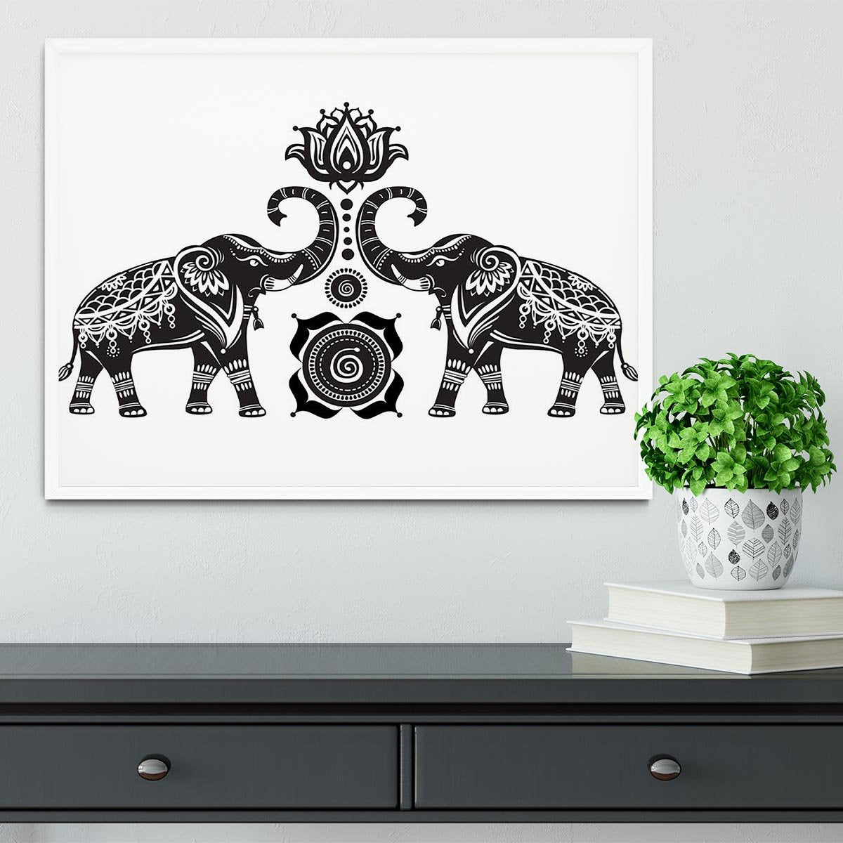 Stylized decorated elephants and lotus flower Framed Print - Canvas Art Rocks -6