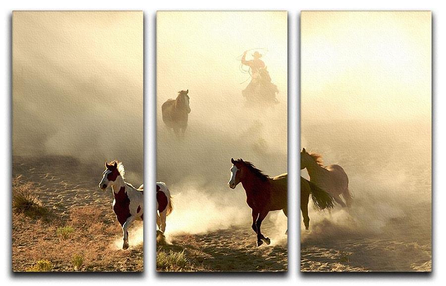 Sunlight Horses and cowboy 3 Split Panel Canvas Print - Canvas Art Rocks - 1