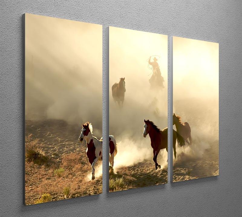 Sunlight Horses and cowboy 3 Split Panel Canvas Print - Canvas Art Rocks - 2