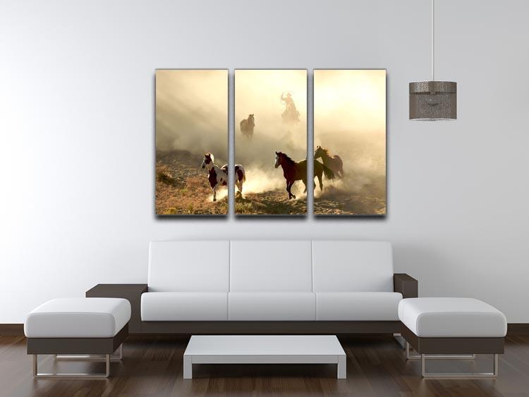 Sunlight Horses and cowboy 3 Split Panel Canvas Print - Canvas Art Rocks - 3