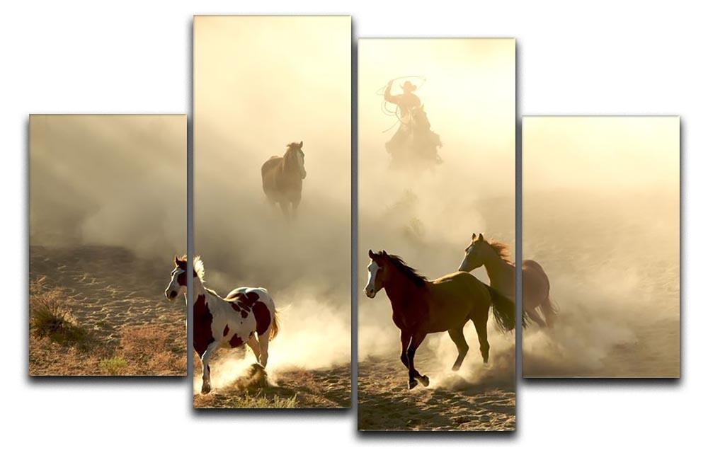 Sunlight Horses and cowboy 4 Split Panel Canvas - Canvas Art Rocks - 1