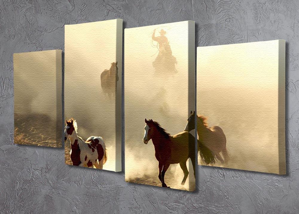 Sunlight Horses and cowboy 4 Split Panel Canvas - Canvas Art Rocks - 2
