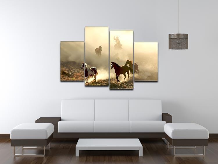Sunlight Horses and cowboy 4 Split Panel Canvas - Canvas Art Rocks - 3