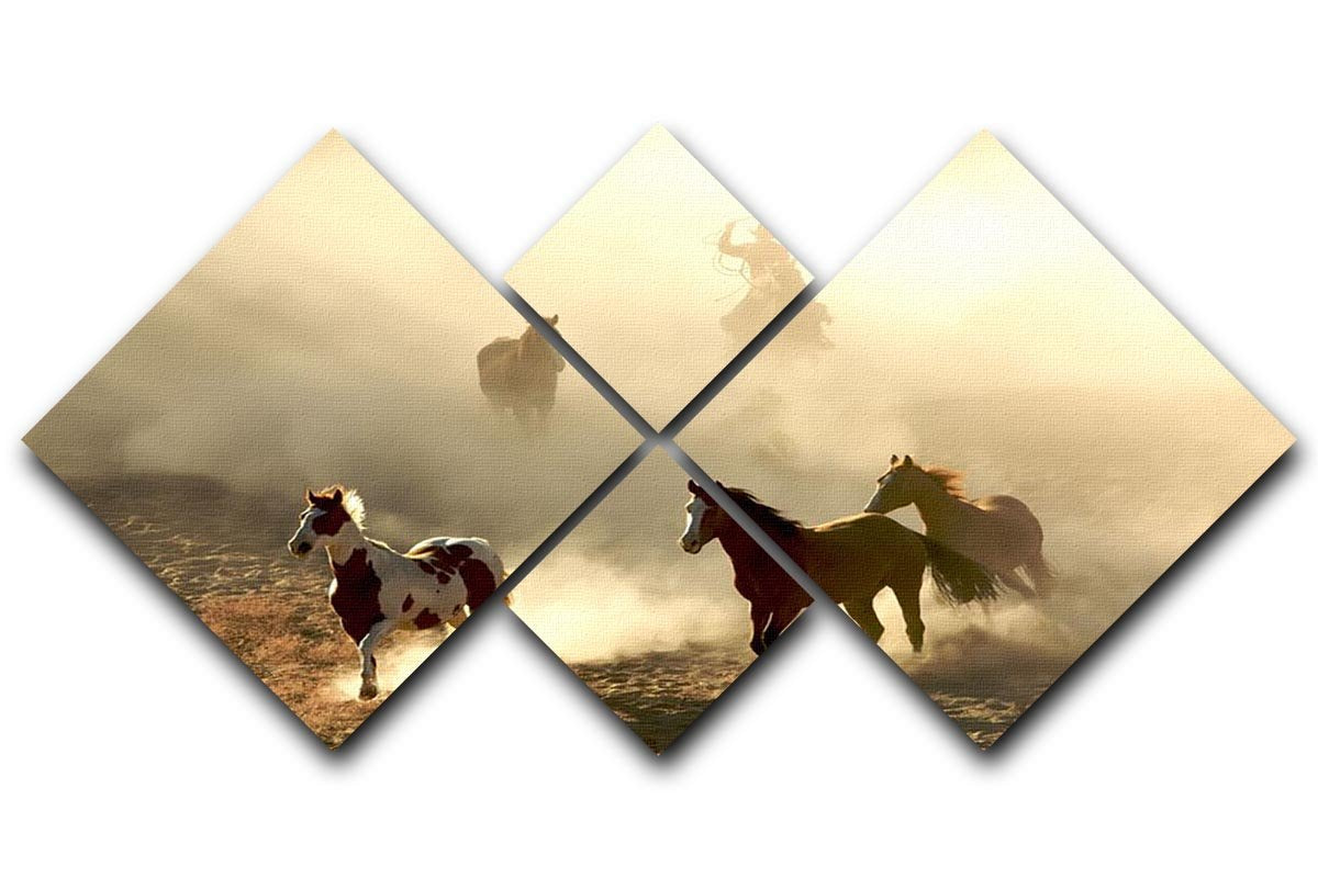 Sunlight Horses and cowboy 4 Square Multi Panel Canvas - Canvas Art Rocks - 1