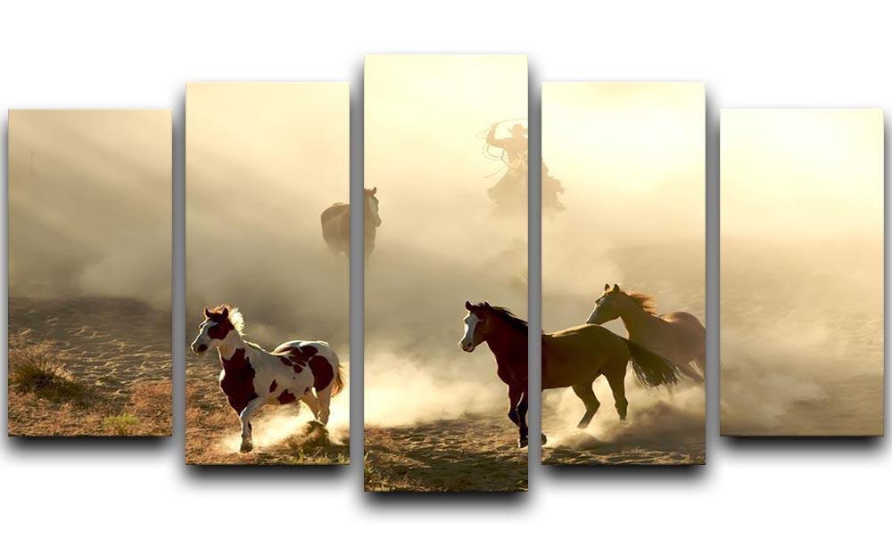 Sunlight Horses and cowboy 5 Split Panel Canvas - Canvas Art Rocks - 1