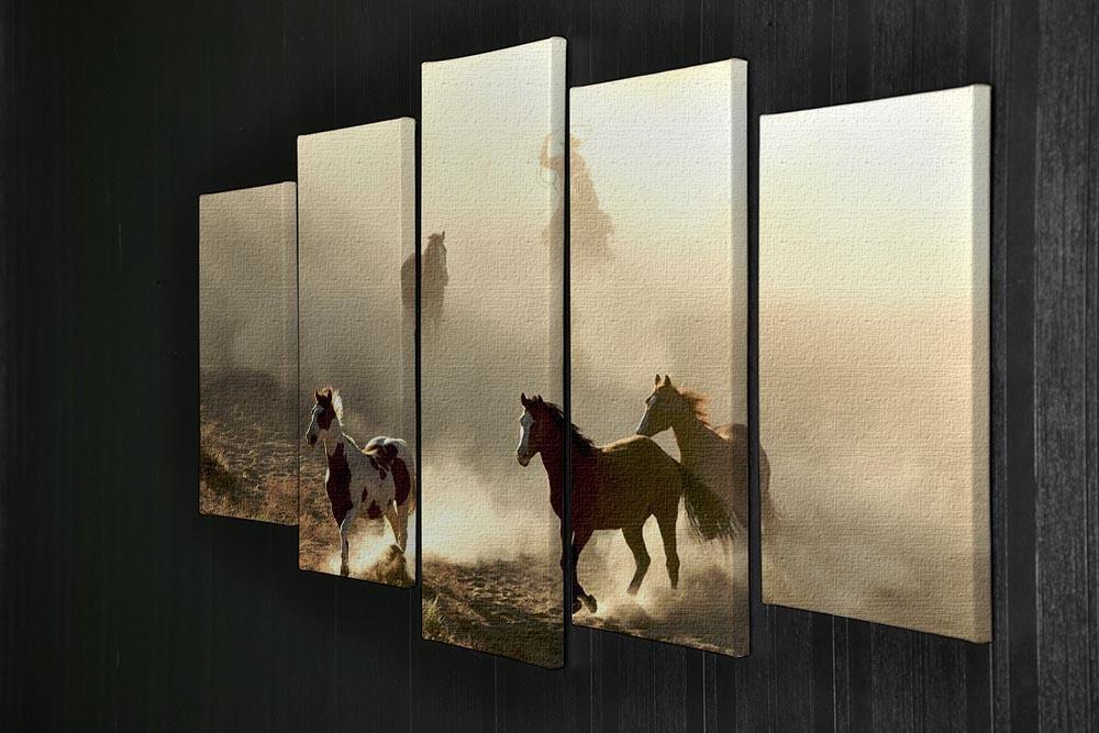 Sunlight Horses and cowboy 5 Split Panel Canvas - Canvas Art Rocks - 2