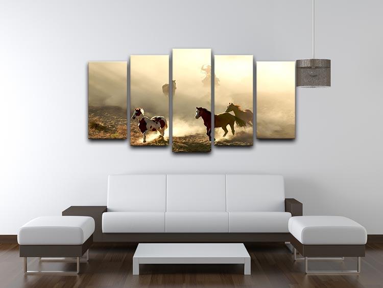 Sunlight Horses and cowboy 5 Split Panel Canvas - Canvas Art Rocks - 3