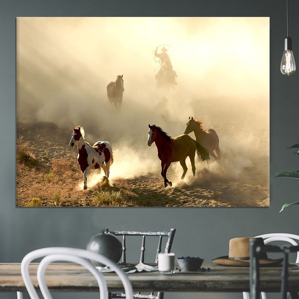 Sunlight Horses and cowboy Canvas Print or Poster