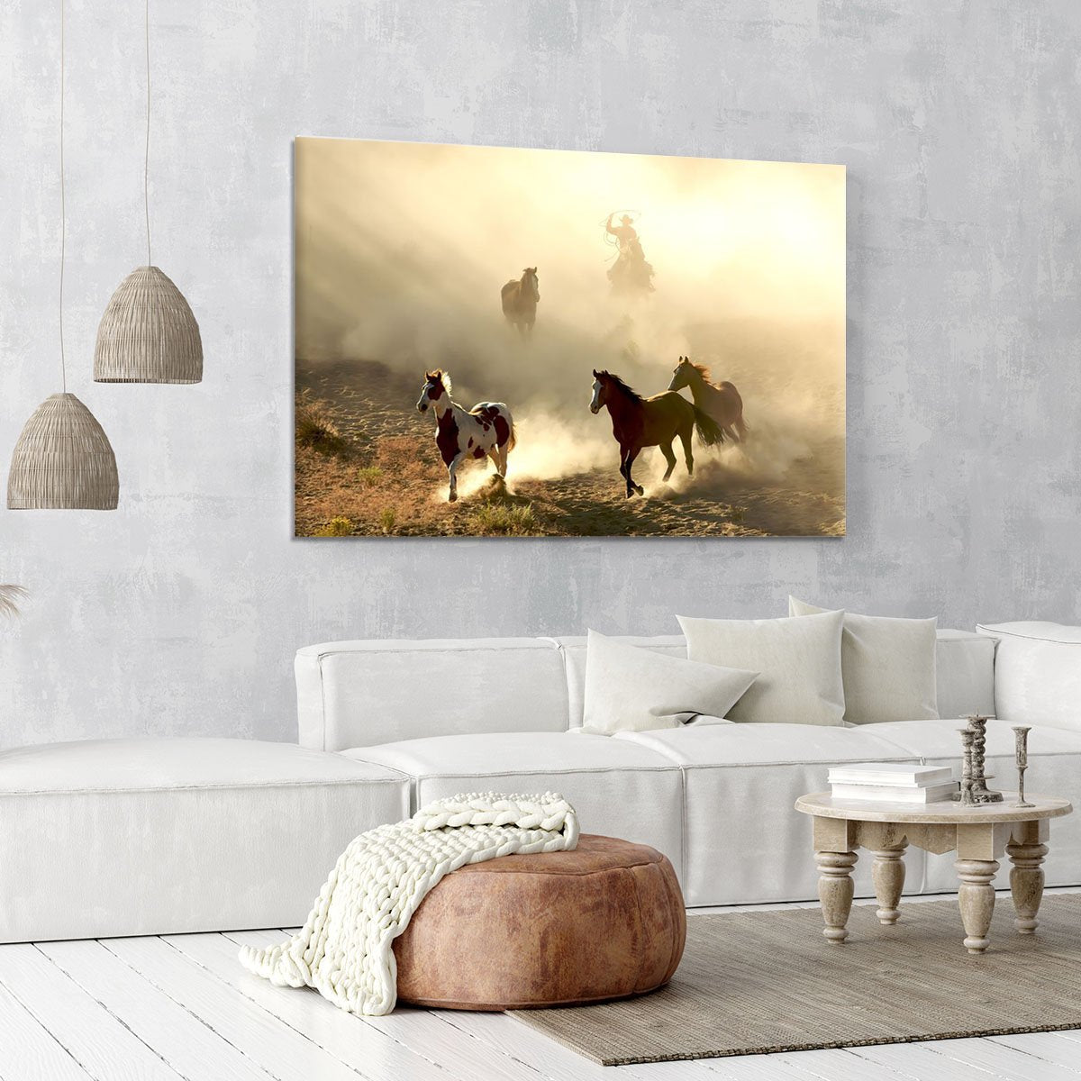 Sunlight Horses and cowboy Canvas Print or Poster
