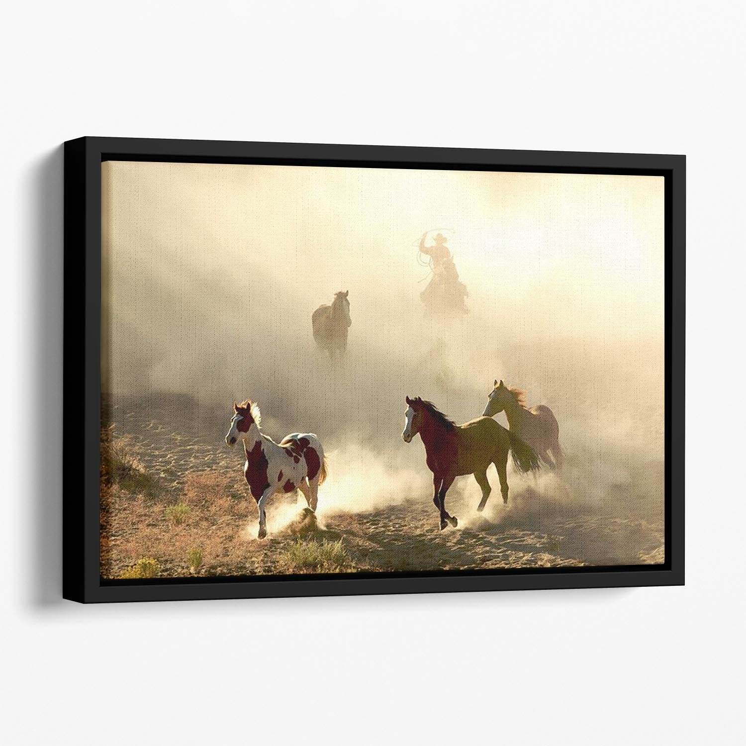 Sunlight Horses and cowboy Floating Framed Canvas - Canvas Art Rocks - 1