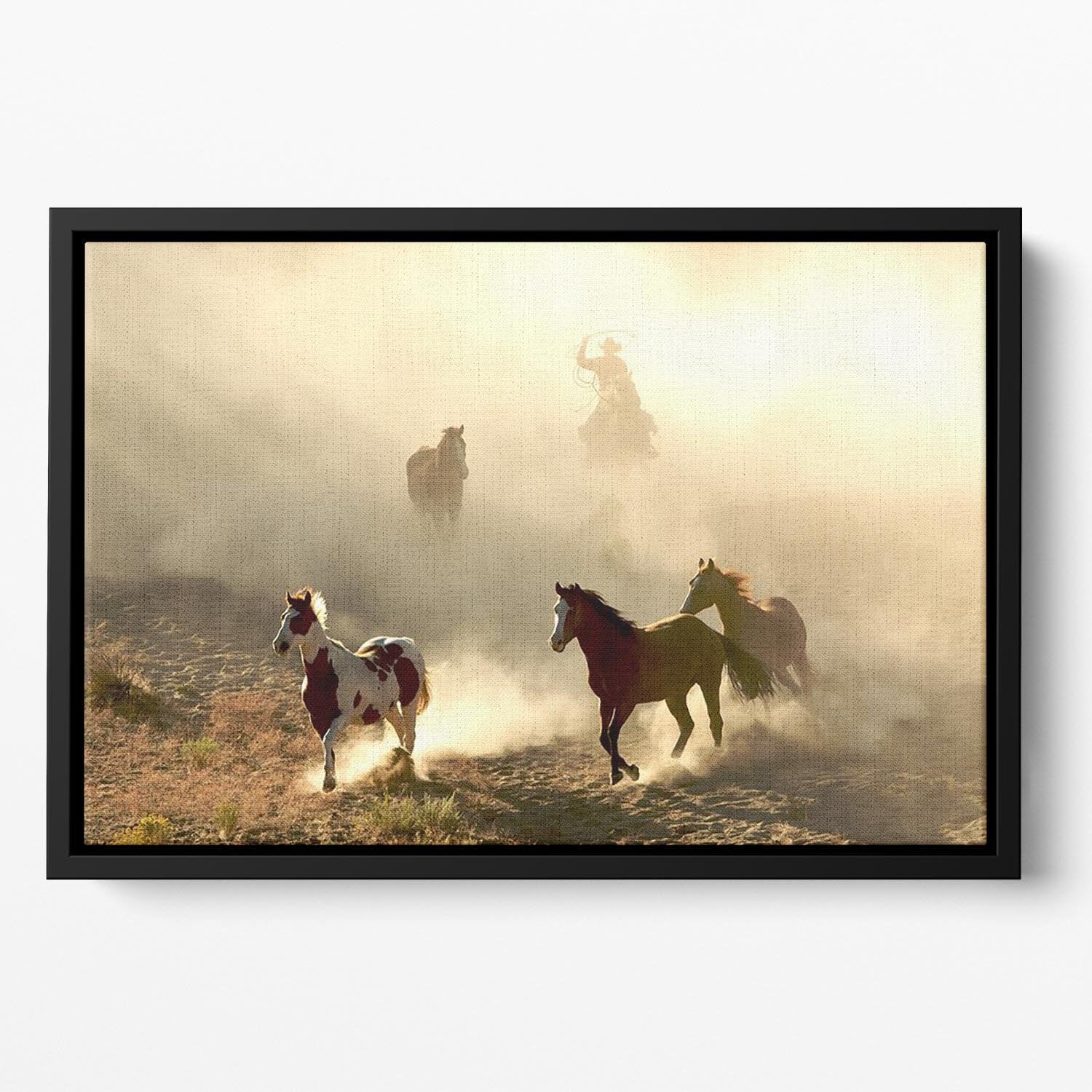 Sunlight Horses and cowboy Floating Framed Canvas - Canvas Art Rocks - 2