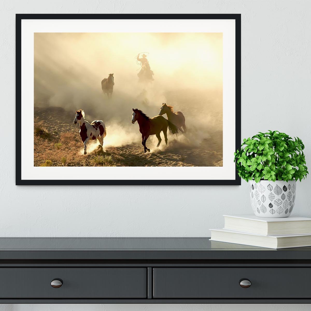 Sunlight Horses and cowboy Framed Print - Canvas Art Rocks - 1