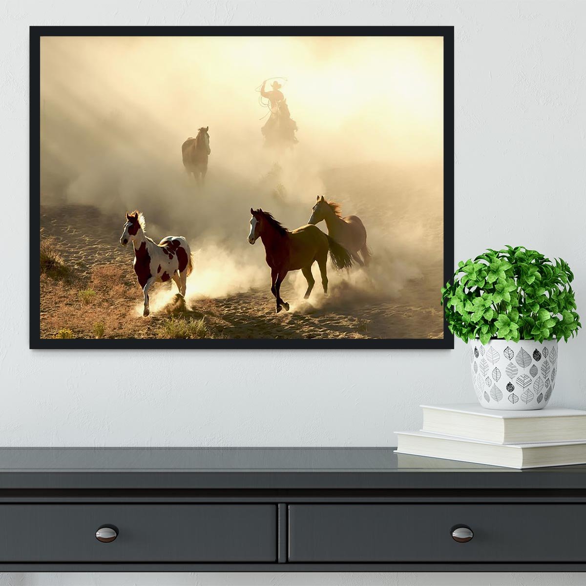 Sunlight Horses and cowboy Framed Print - Canvas Art Rocks - 2