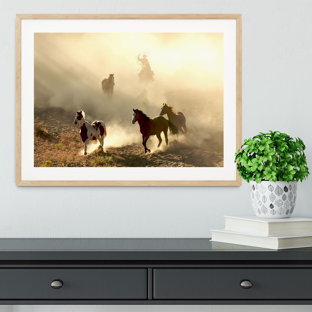 Sunlight Horses and cowboy Framed Print - Canvas Art Rocks - 3