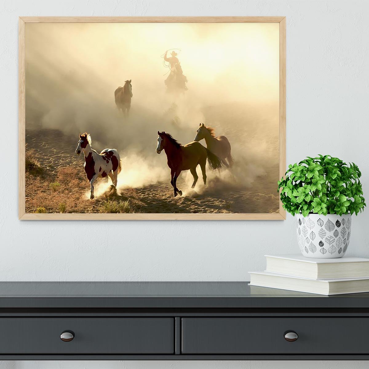 Sunlight Horses and cowboy Framed Print - Canvas Art Rocks - 4