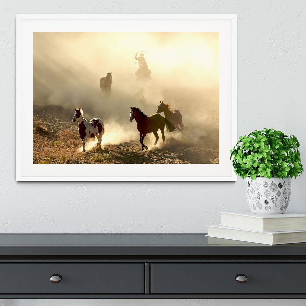 Sunlight Horses and cowboy Framed Print - Canvas Art Rocks - 5