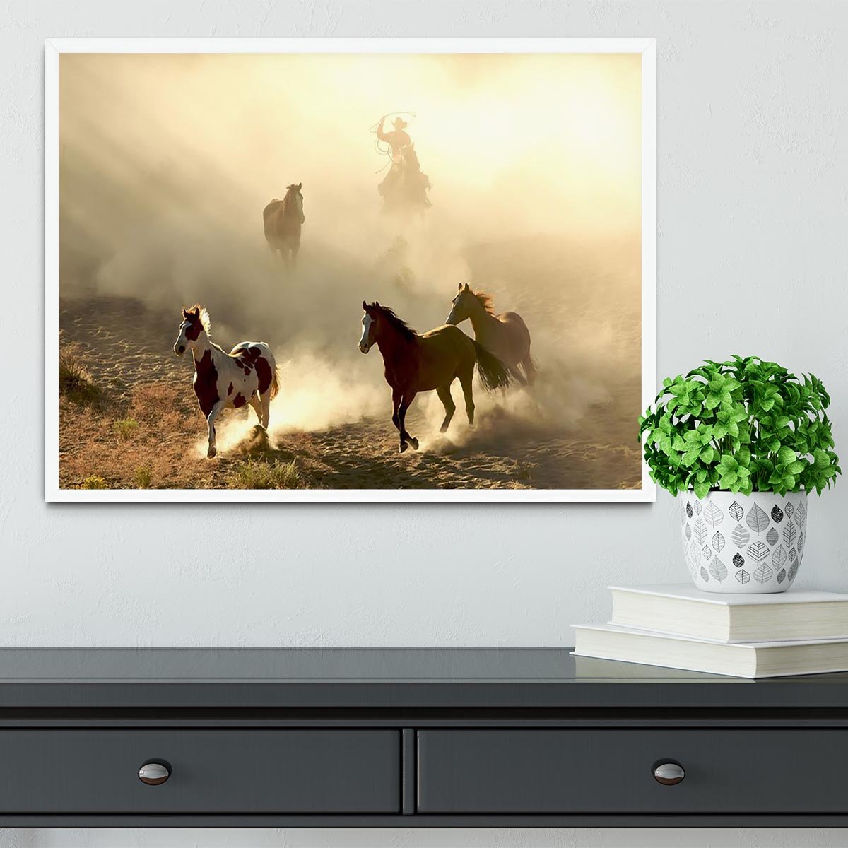 Sunlight Horses and cowboy Framed Print - Canvas Art Rocks -6