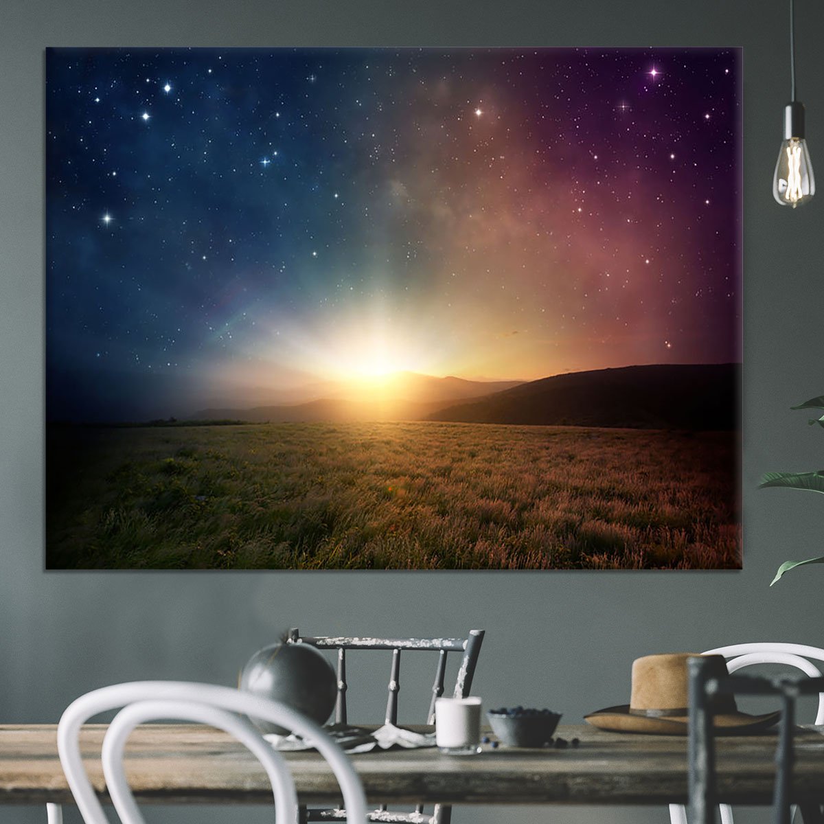 Sunrise with stars and galaxy in night Canvas Print or Poster