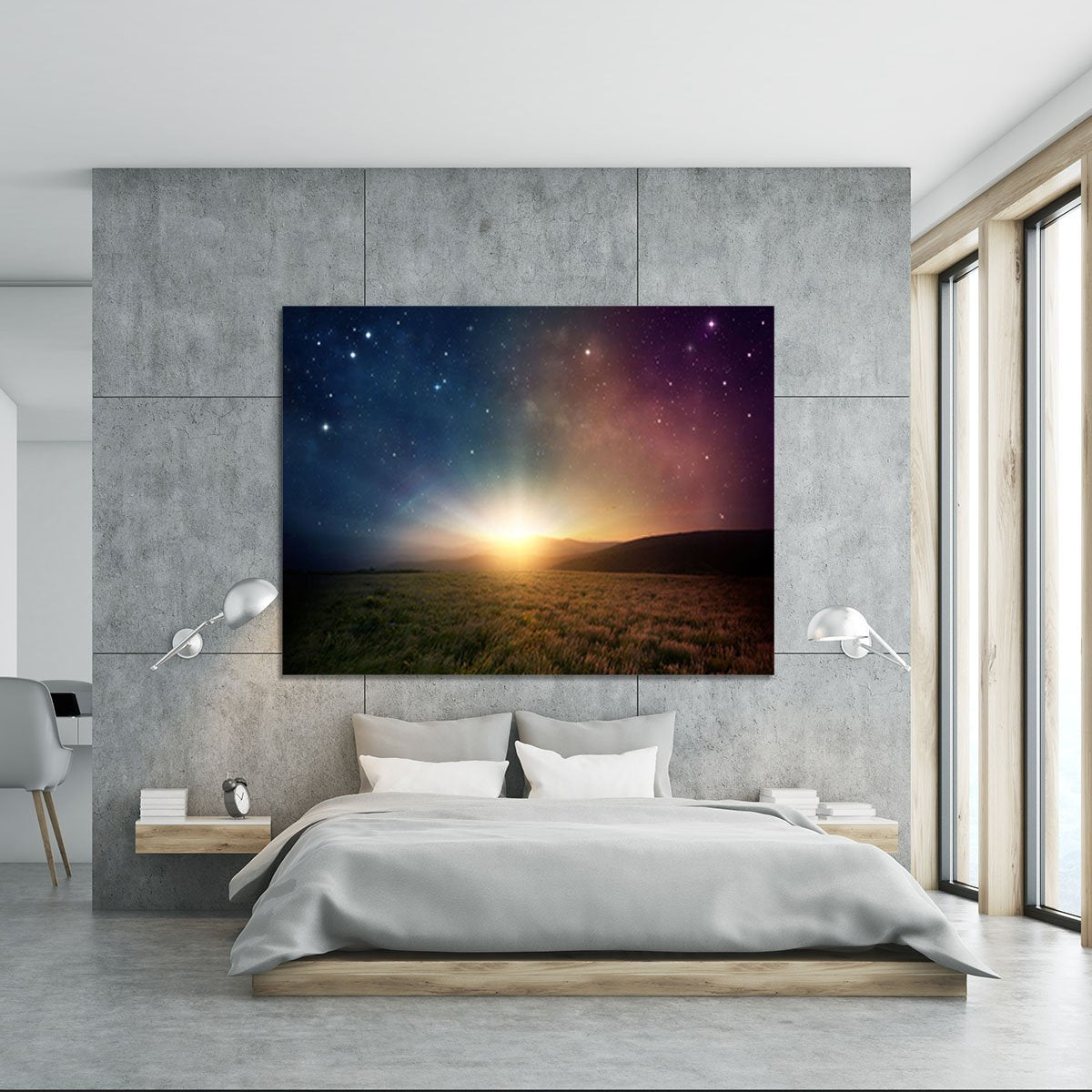 Sunrise with stars and galaxy in night Canvas Print or Poster