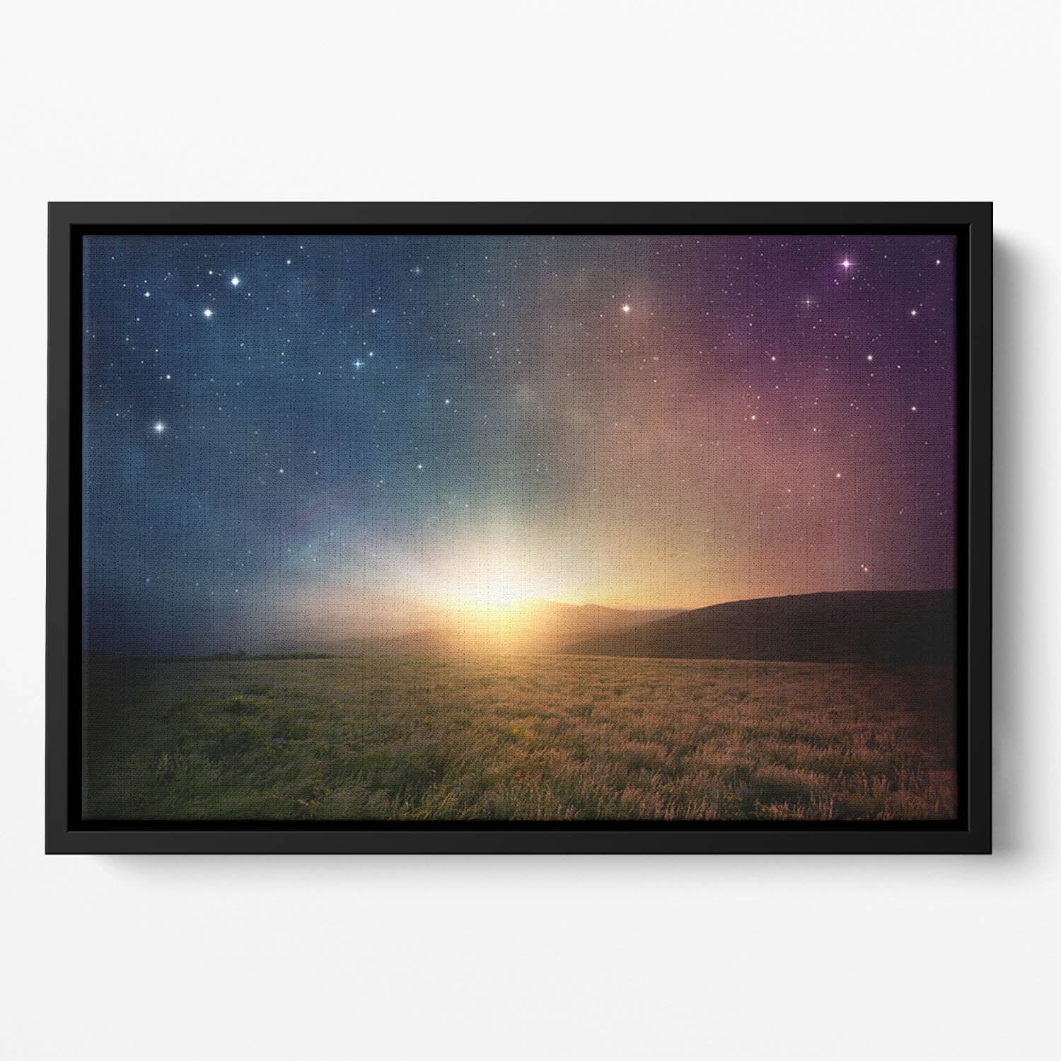Sunrise with stars and galaxy in night Floating Framed Canvas