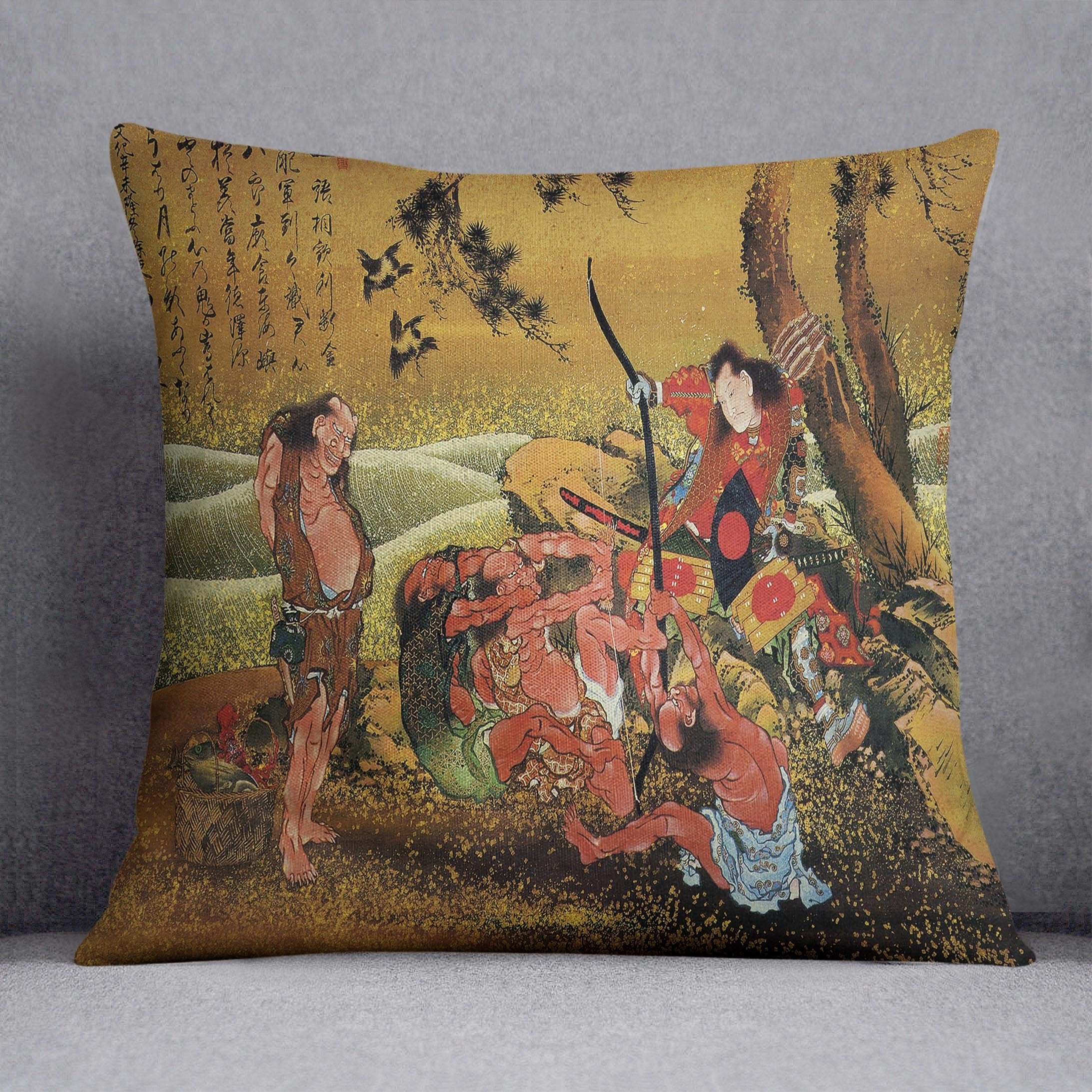 Tametomo and the demons by Hokusai Throw Pillow