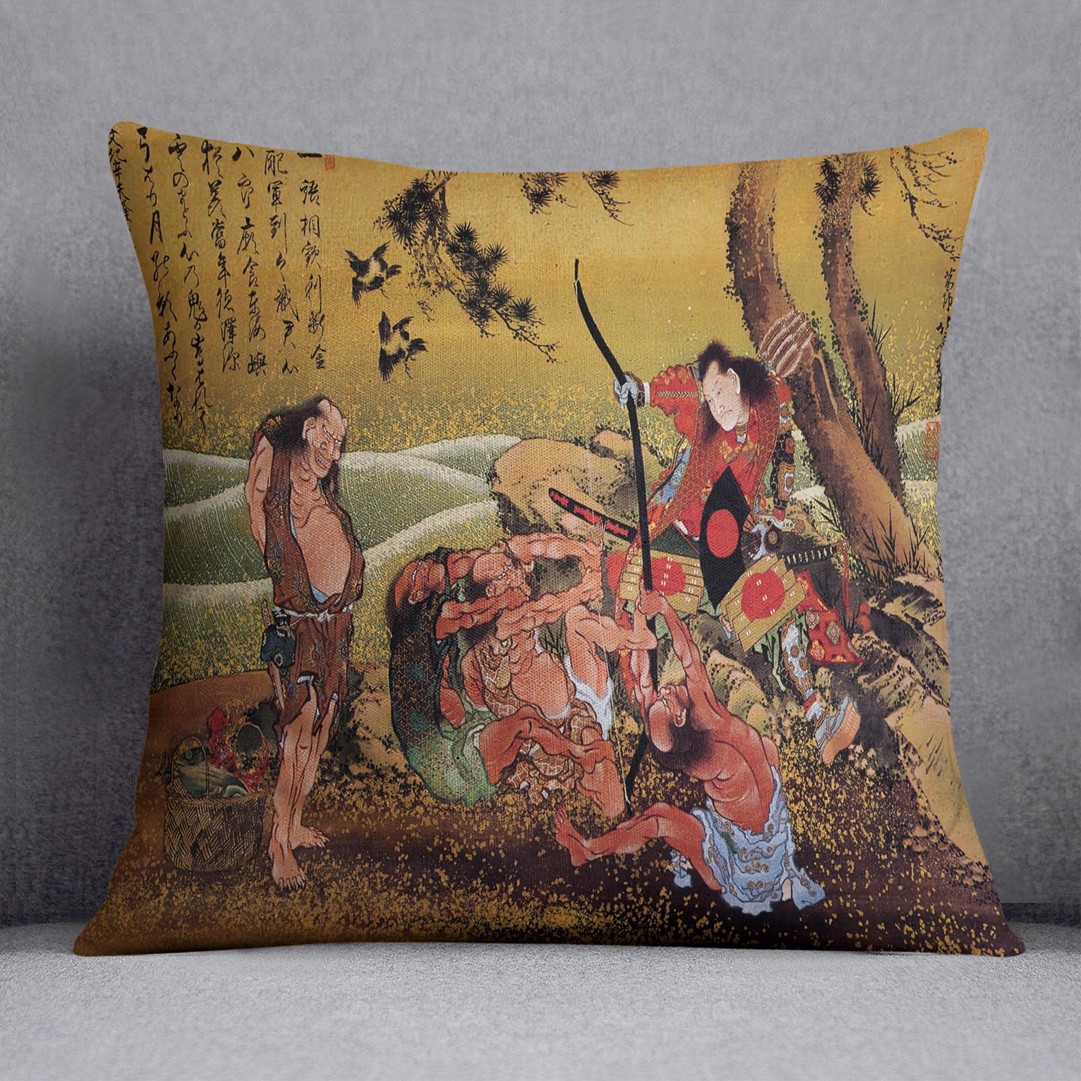 Tametomo on Demon island by Hokusai Throw Pillow