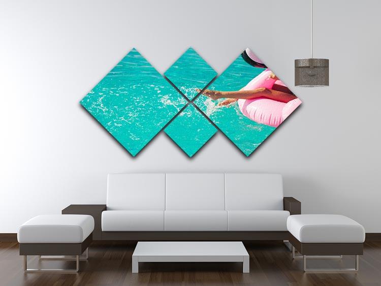 Tan girl sits on inflatable mattress flamingos in the pool 4 Square Multi Panel Canvas - Canvas Art Rocks - 3