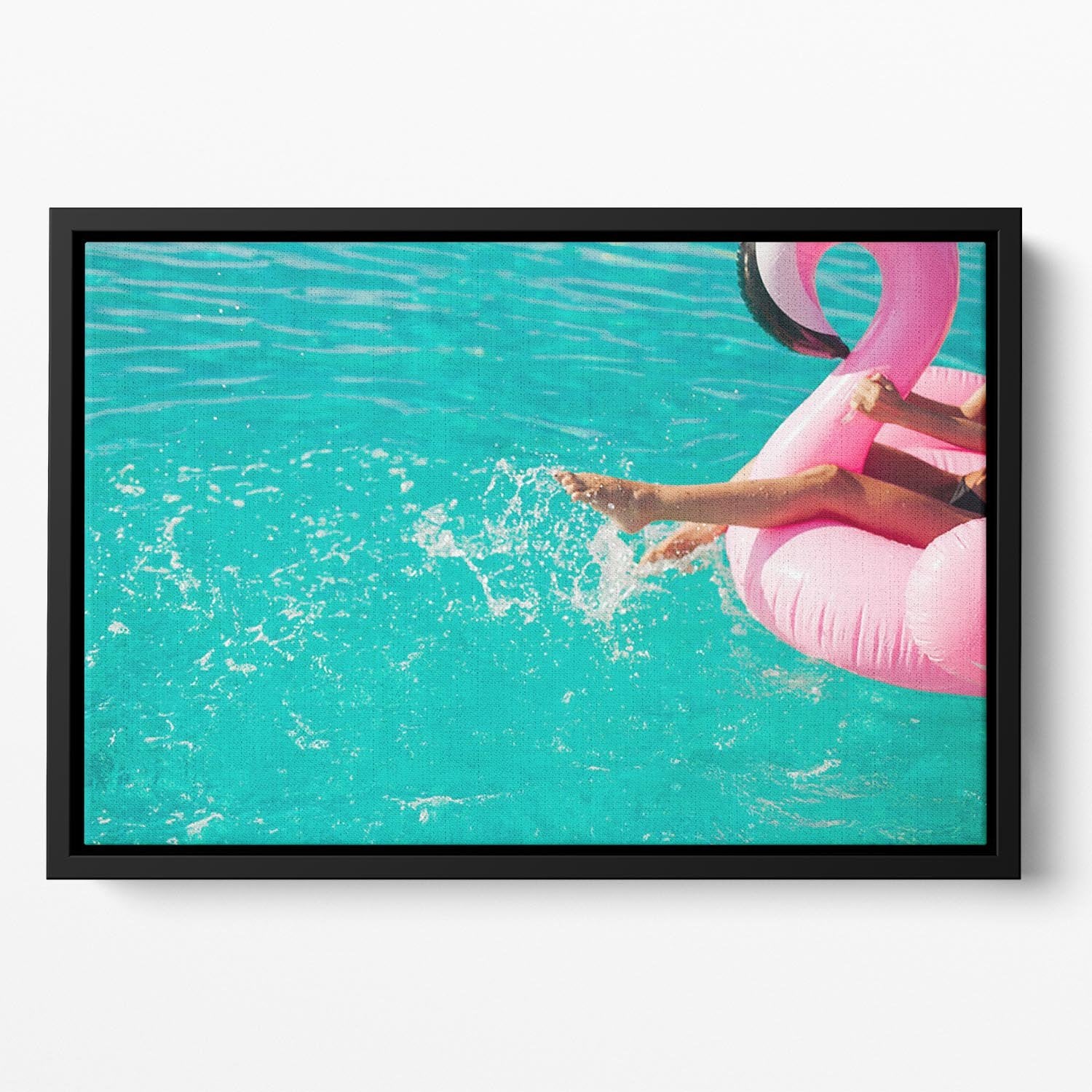 Tan girl sits on inflatable mattress flamingos in the pool Floating Framed Canvas - Canvas Art Rocks - 2