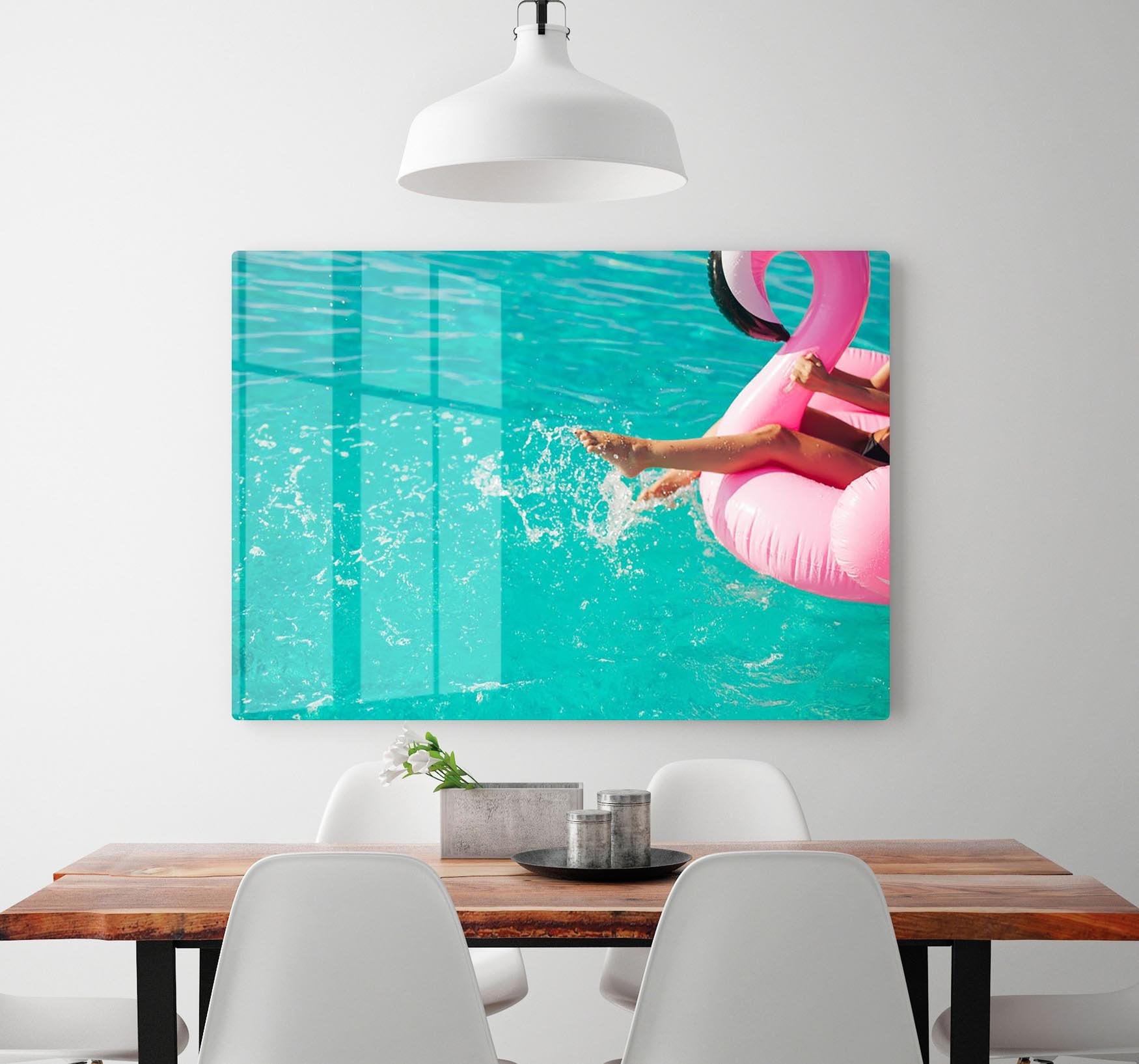 Tan girl sits on inflatable mattress flamingos in the pool HD Metal Print - Canvas Art Rocks - 2
