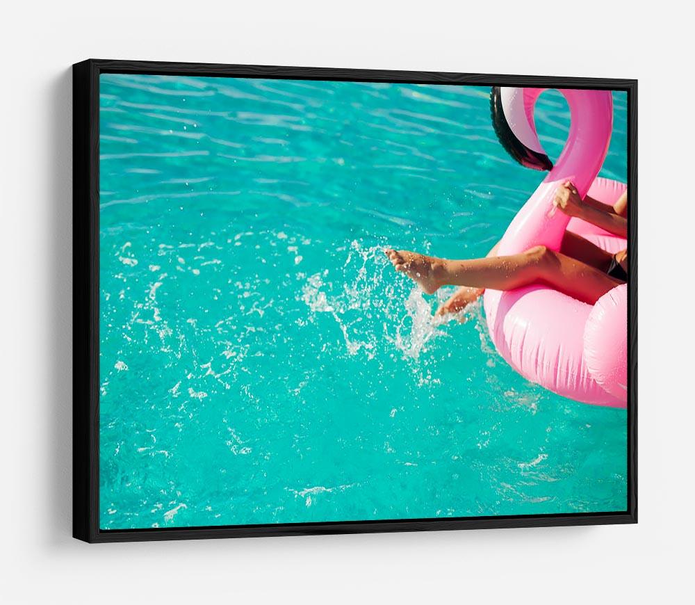 Tan girl sits on inflatable mattress flamingos in the pool HD Metal Print - Canvas Art Rocks - 6