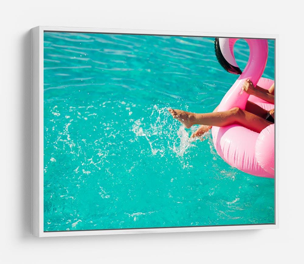 Tan girl sits on inflatable mattress flamingos in the pool HD Metal Print - Canvas Art Rocks - 7