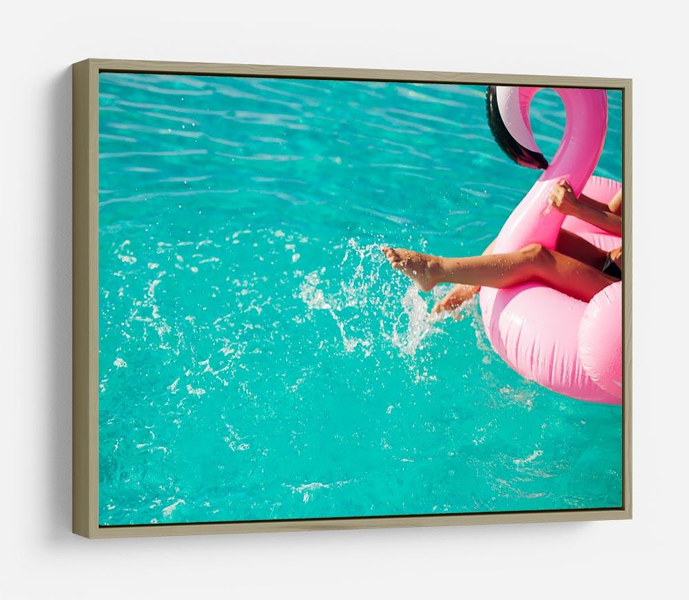 Tan girl sits on inflatable mattress flamingos in the pool HD Metal Print - Canvas Art Rocks - 8