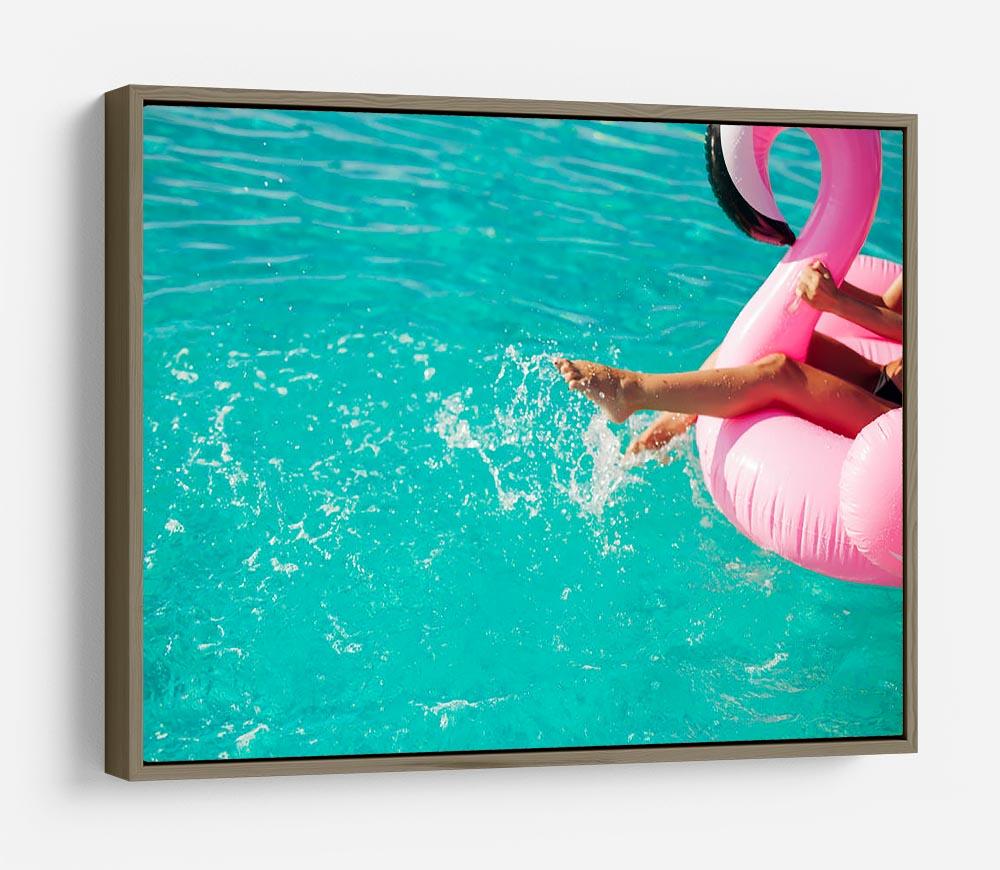 Tan girl sits on inflatable mattress flamingos in the pool HD Metal Print - Canvas Art Rocks - 10