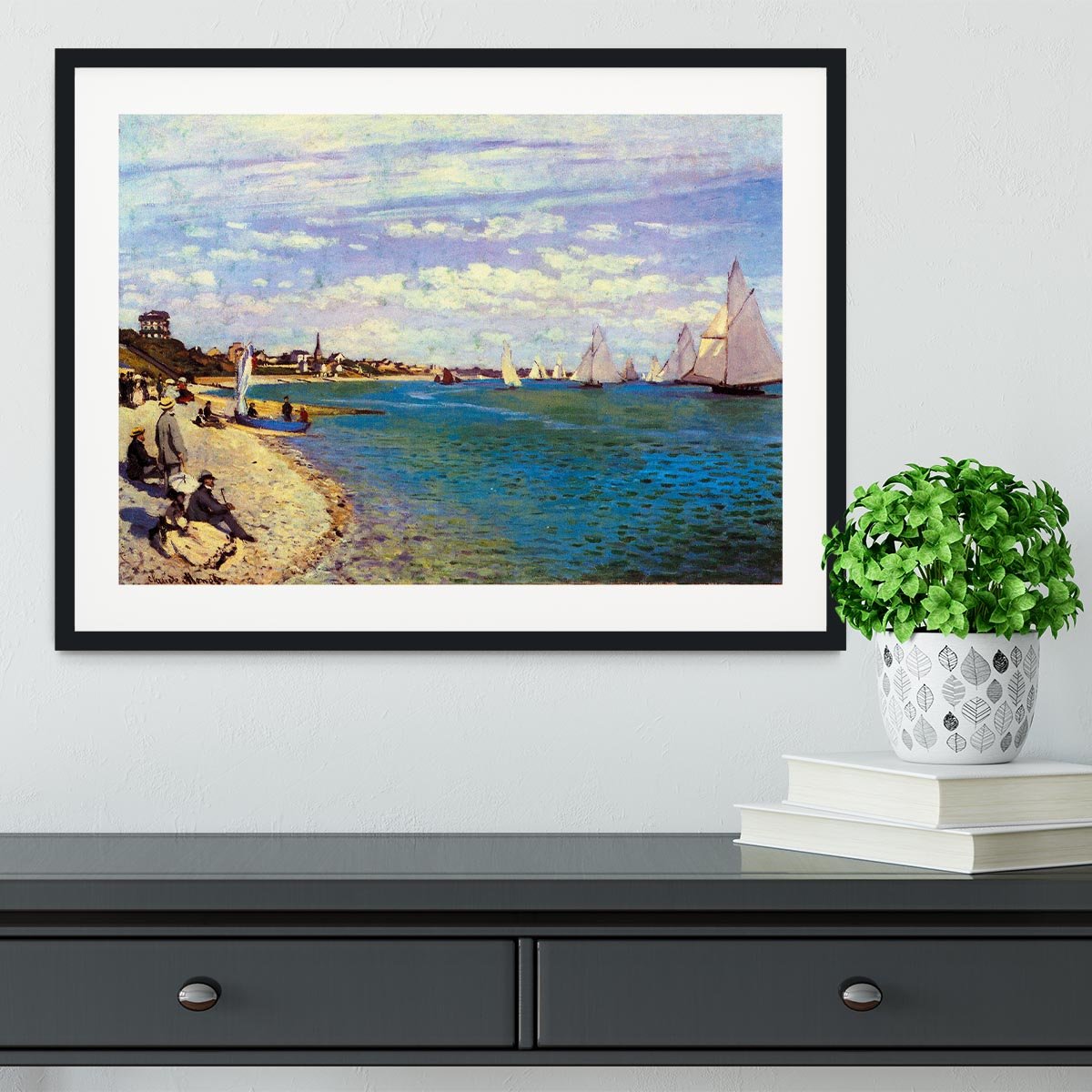 The Beach at Sainte Adresse by Monet Framed Print - Canvas Art Rocks - 1