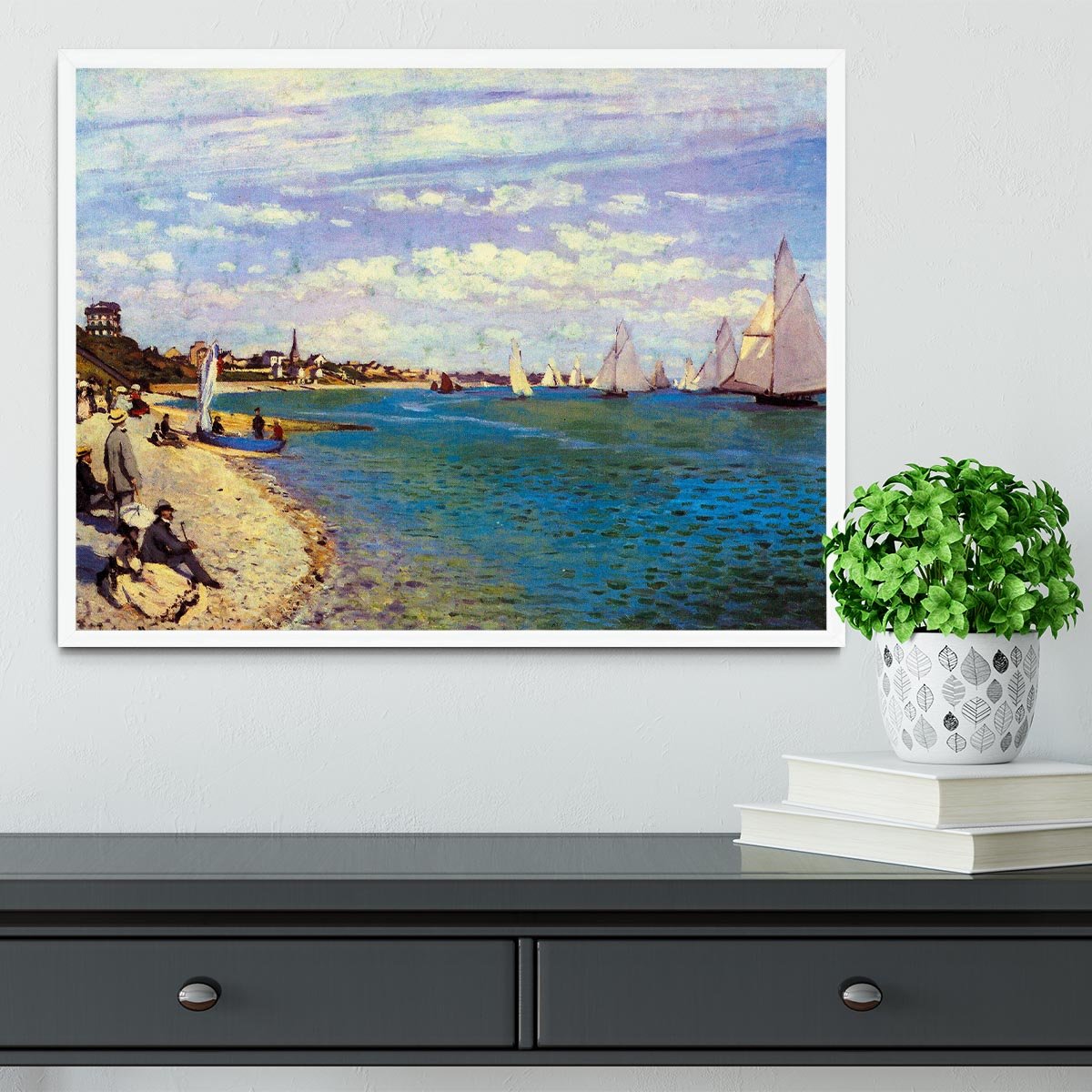 The Beach at Sainte Adresse by Monet Framed Print - Canvas Art Rocks -6