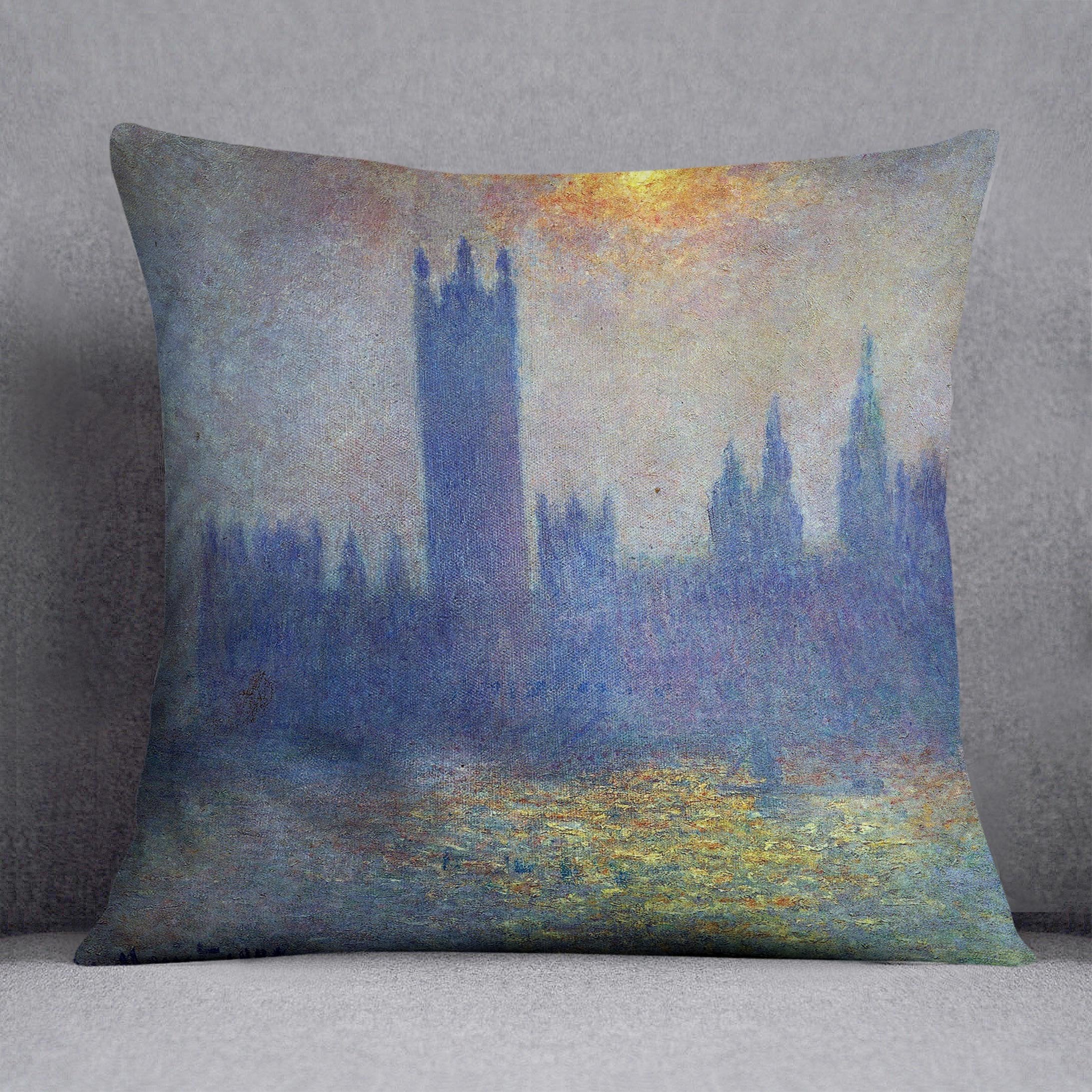 The Houses of Parliament sunlight in the fog by Monet Throw Pillow