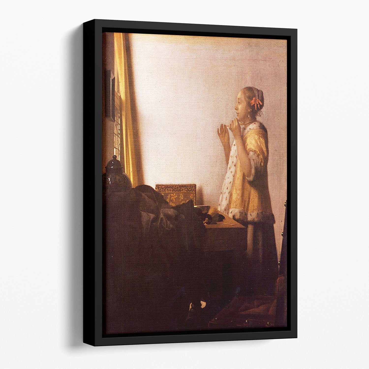 The Pearl Necklace by Vermeer Floating Framed Canvas