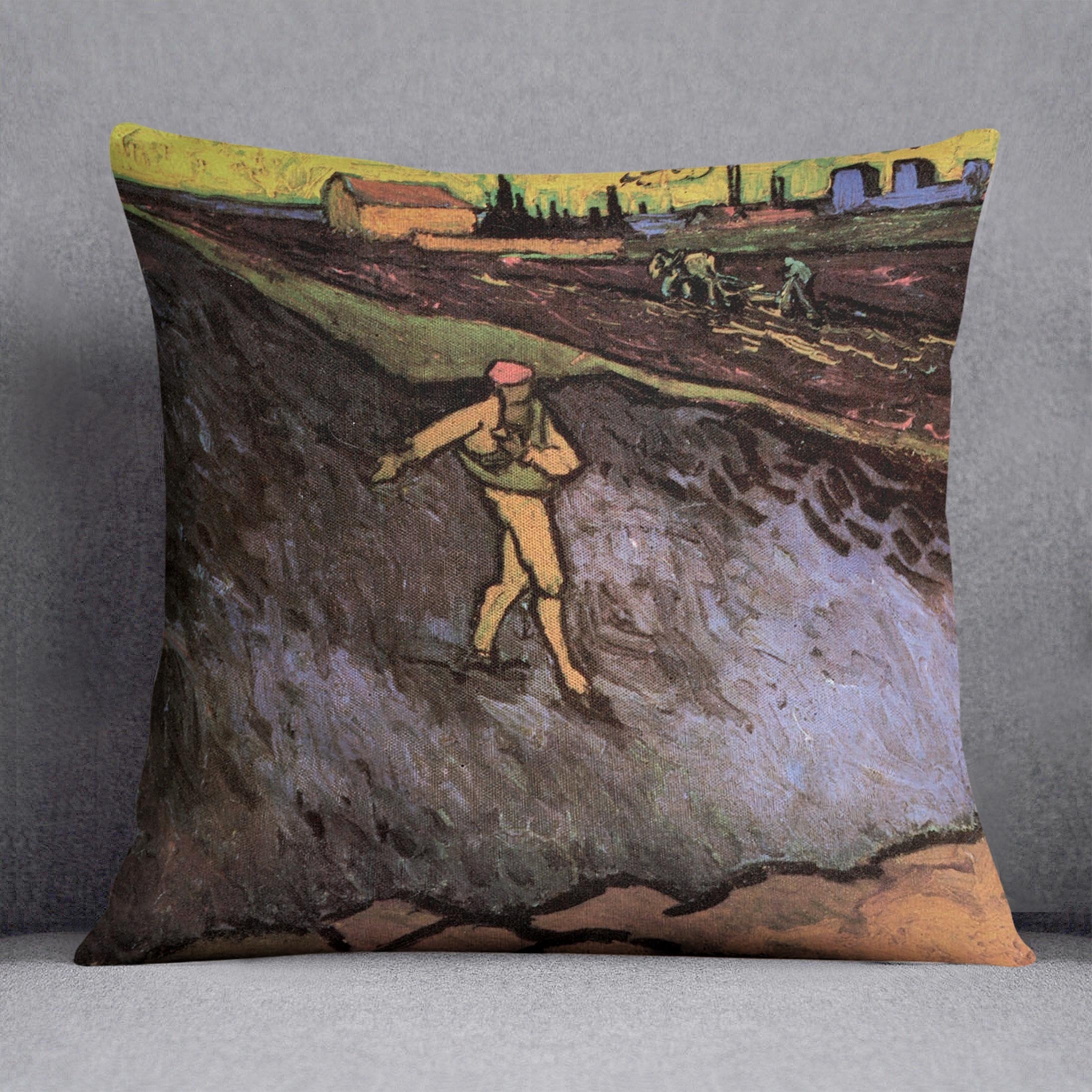 The Sower with the outskirts of Arles in the Background by Van Gogh Throw Pillow