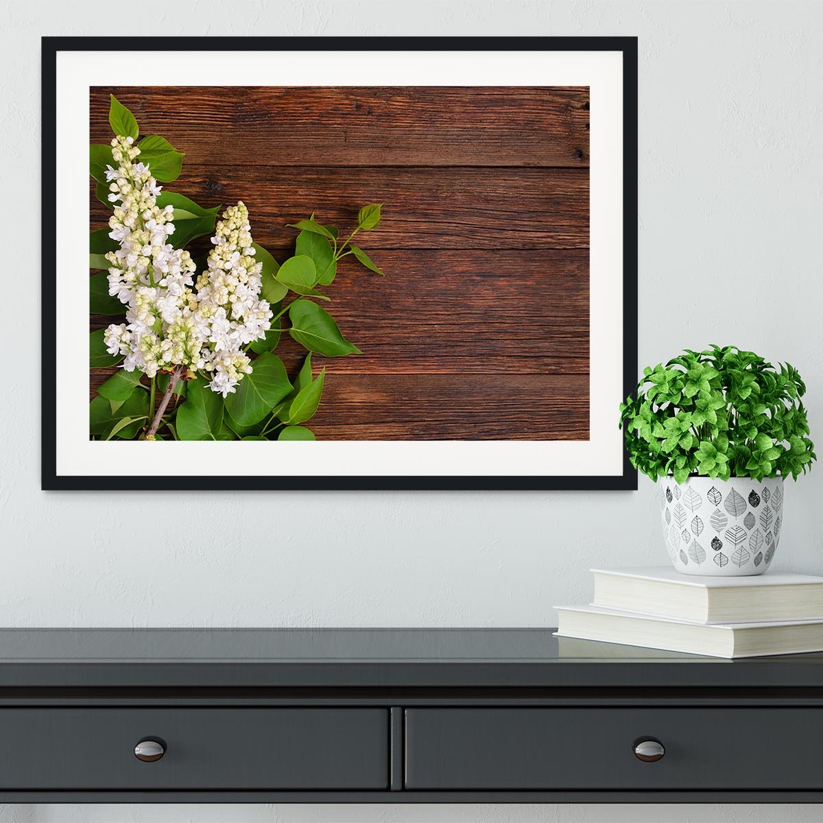 The beautiful lilac on a wooden background Framed Print - Canvas Art Rocks - 1
