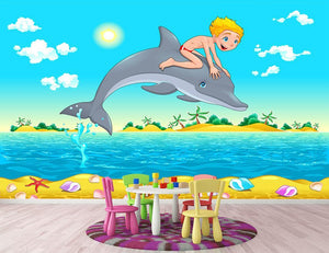 The boy and the dolphin Wall Mural Wallpaper - Canvas Art Rocks - 2