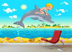 The boy and the dolphin Wall Mural Wallpaper - Canvas Art Rocks - 3