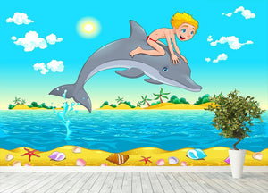 The boy and the dolphin Wall Mural Wallpaper - Canvas Art Rocks - 4