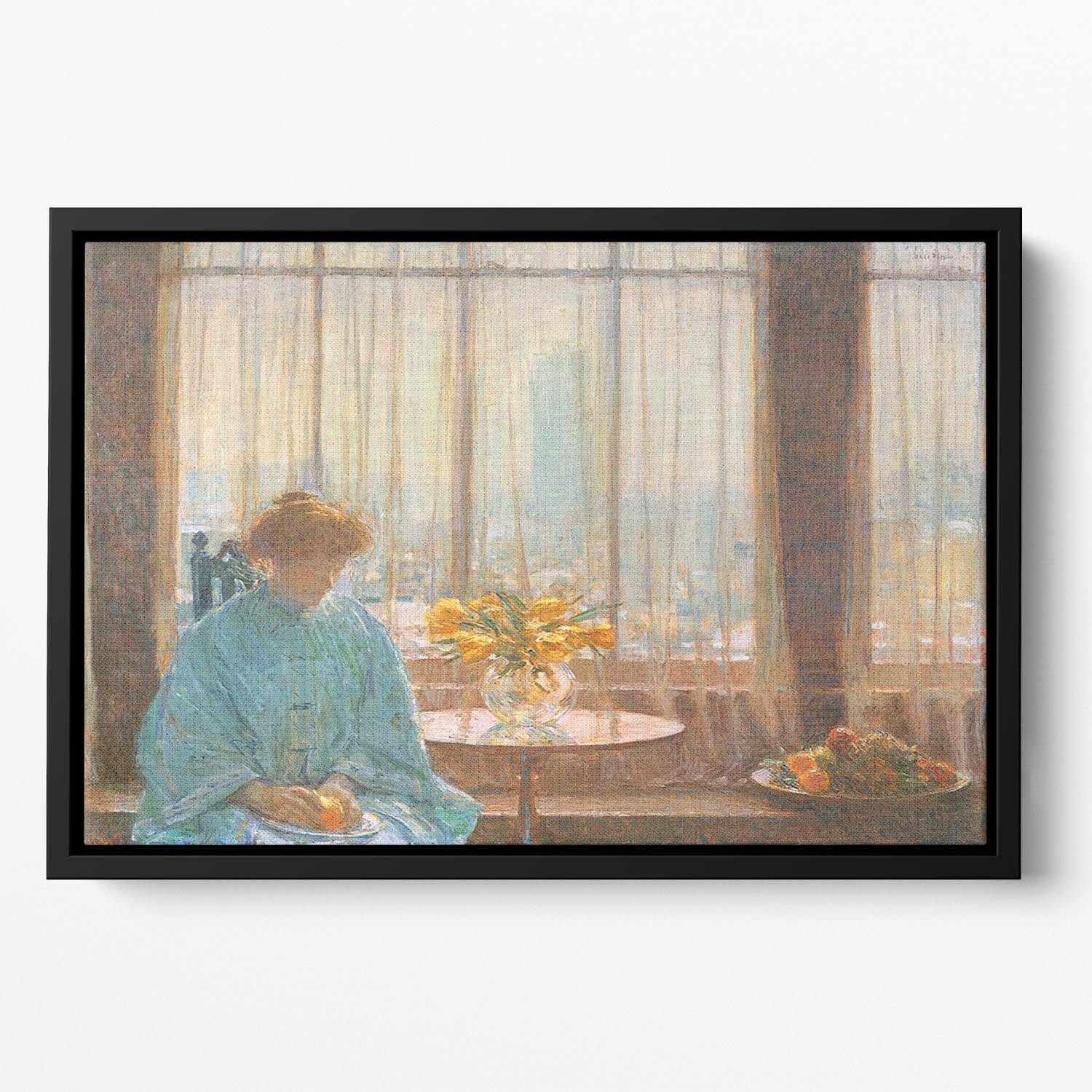 The breakfast room winter morning by Hassam Floating Framed Canvas - Canvas Art Rocks - 2