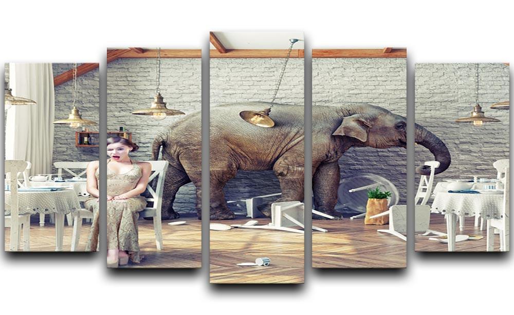 The elephant calm in a restaurant interior. photo combination concept 5 Split Panel Canvas - Canvas Art Rocks - 1