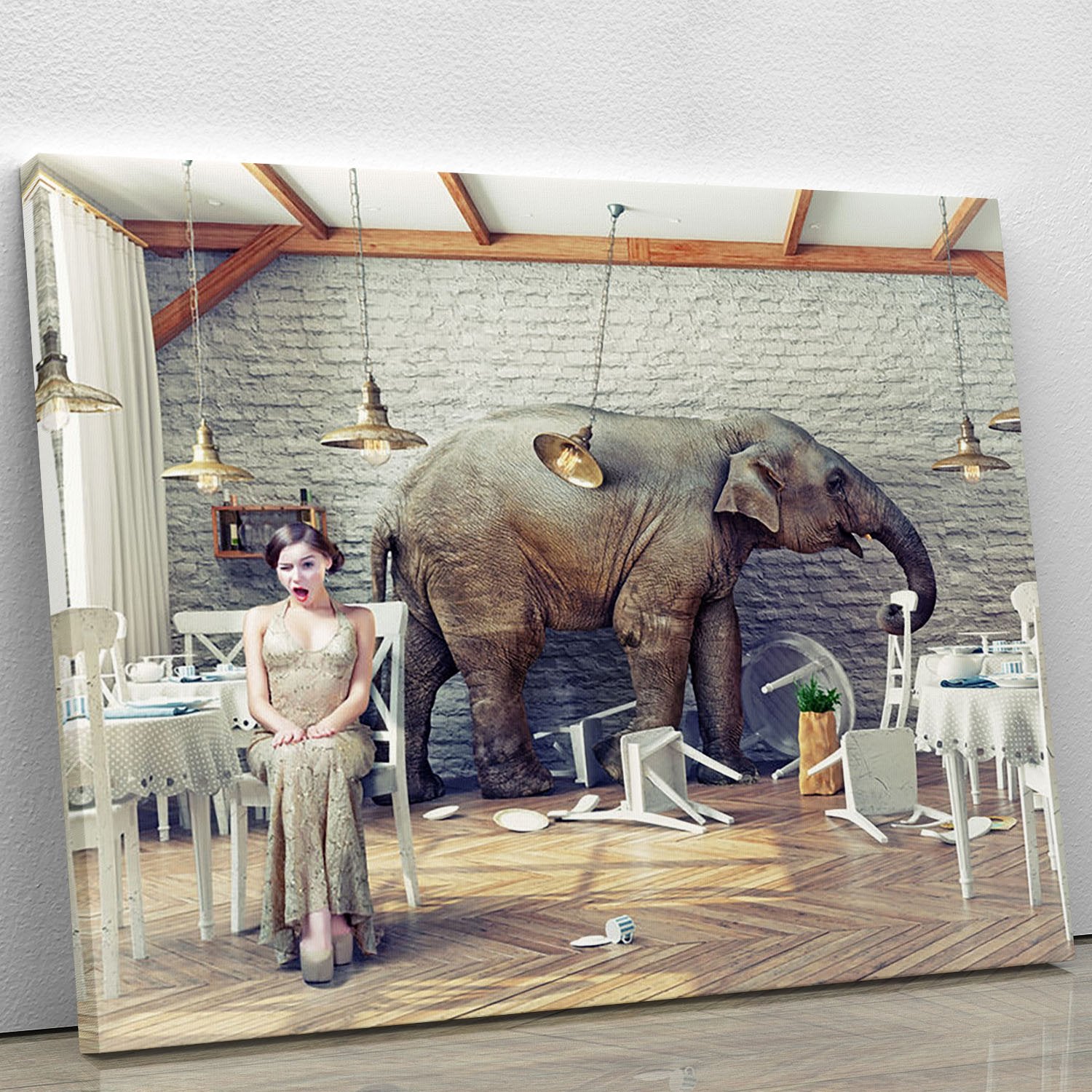The elephant calm in a restaurant interior. photo combination concept Canvas Print or Poster