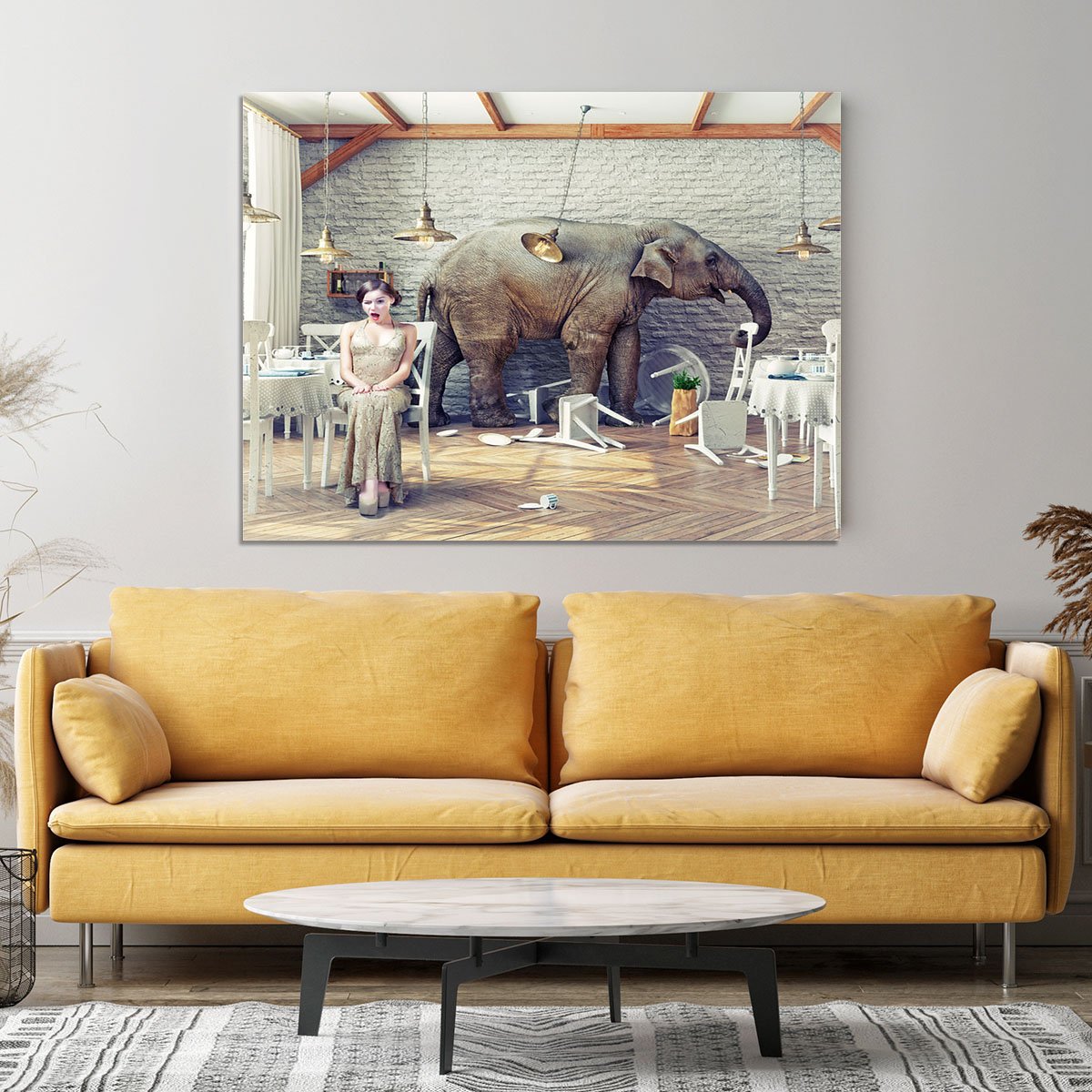 The elephant calm in a restaurant interior. photo combination concept Canvas Print or Poster