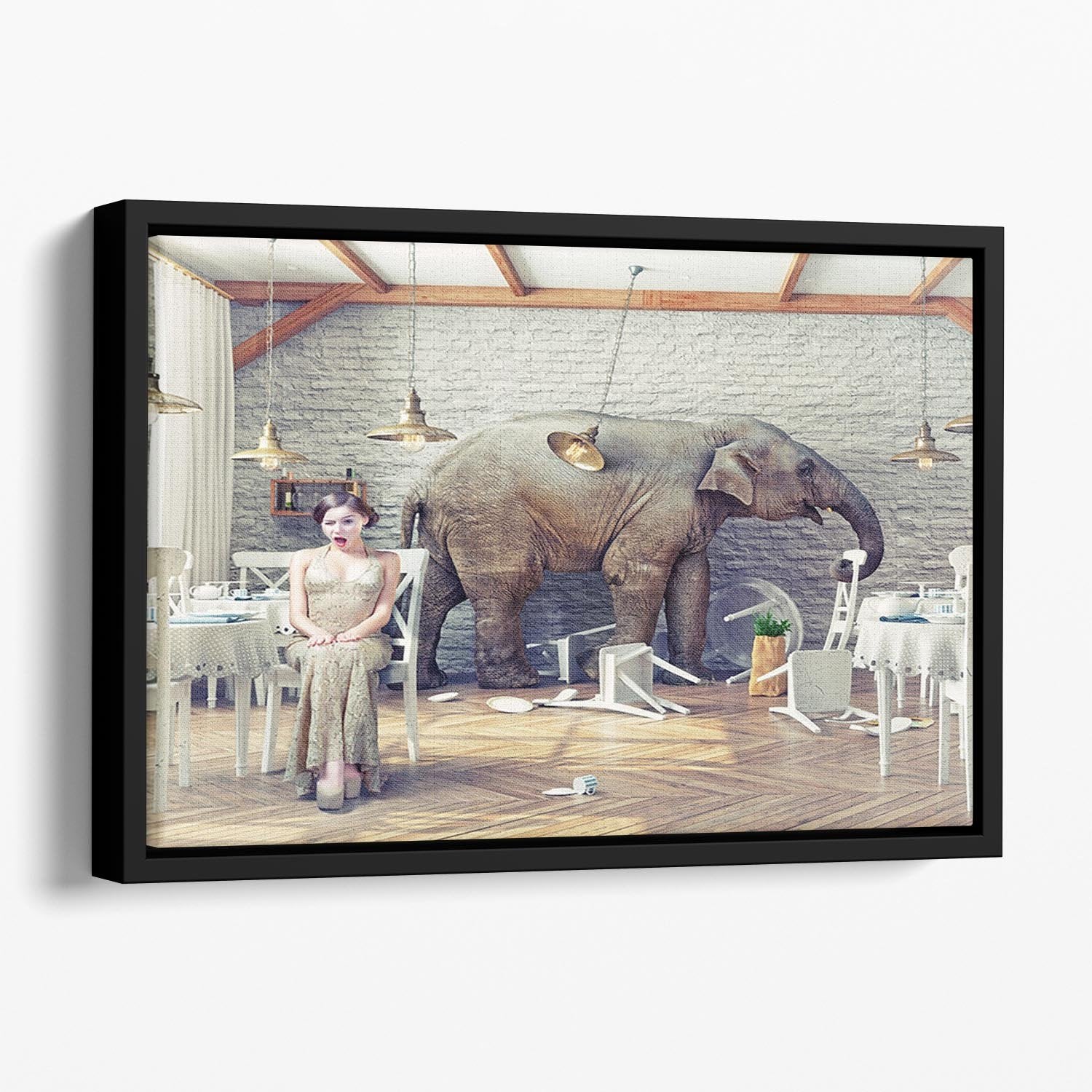 The elephant calm in a restaurant interior. photo combination concept Floating Framed Canvas - Canvas Art Rocks - 1